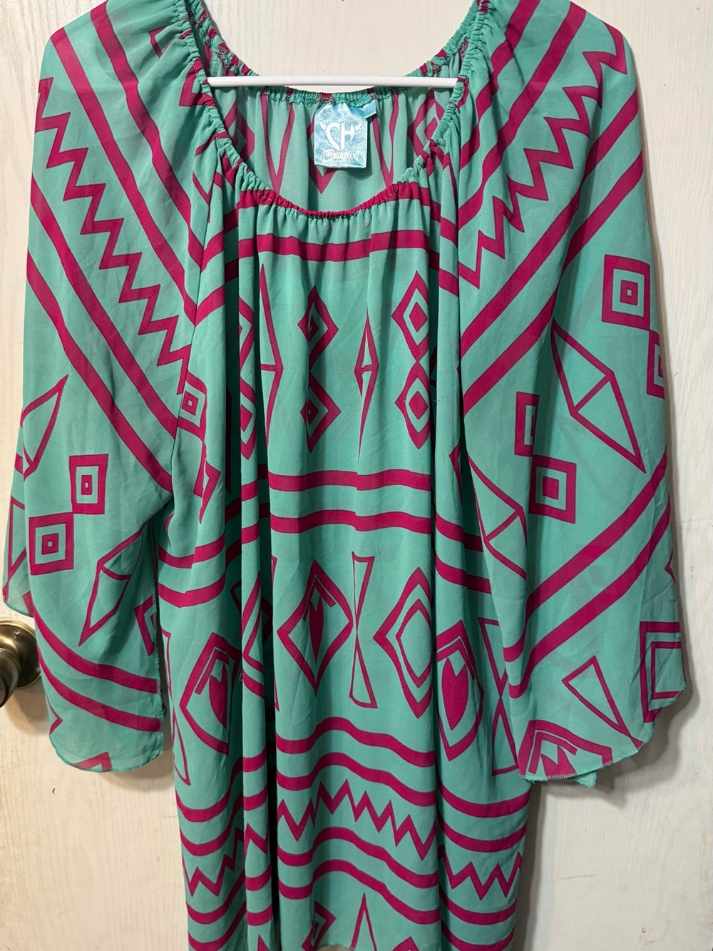 Boho Geo-Print Peasant Blouse in Teal and Magenta